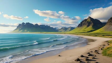 "Scenic Beach Landscape with Black Sand"