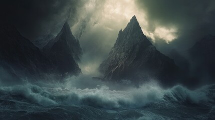 The storm violent fury rips across the sea, with waves crashing into peaks, splashing high above the turbulent waters. The sky above churns with the power of the cyclone