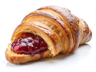 A golden, flaky croissant reveals its delicious berry jam filling as it rests invitingly on a pristine white surface. The layers showcase the perfect baking technique
