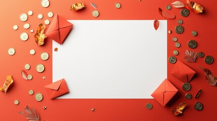 A white paper with a red background and a few gold coins and red envelopes