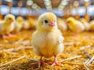 Nestled in a vibrant hatchery, fluffy yellow chicks peck curiously at the straw strewn across the floor, surrounded by warmth and soft light in the early morning hours