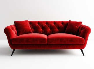 Elegant red velvet sofa with button tufting and black legs on white background.