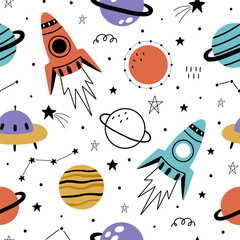 Seamless pattern with cute planets, stars, ufo, earth, constellations, rockets, space, saturn on white background. Creative kids texture for fabric, prints, wallpaper, decorations, textiles. © jintana