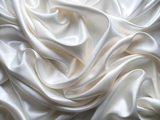Fototapeta premium Soft, luxurious white silk drapes gracefully in flowing folds, reflecting subtle light. The texture appears smooth and inviting, showcasing its exquisite quality and sheen
