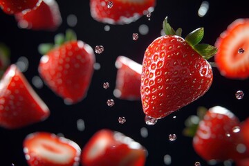 Fresh Floating Strawberries &ndash; Juicy Red Berries with Seeds in Mid-Air, Perfect for Healthy Snacking, Berry Photography, and Food Art