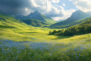 Fototapeta premium Mountain Valley Wildflower Meadow Scenic Landscape