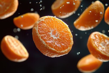 Vibrant Floating Orange Slices – Fresh Citrus Segments in Mid-Air, Perfect for Healthy Snacking, Citrus Photography, and Food Art