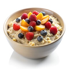 A bowl filled with creamy oatmeal features an enticing assortment of vibrant fresh fruit, including blueberries, raspberries, and peach slices, inviting a nutritious breakfast