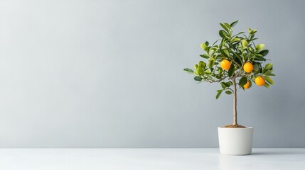 A small orange tree is sitting in a white pot on a white table
