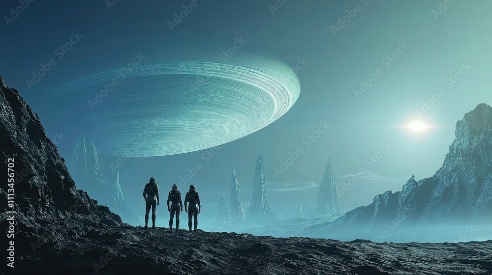 Wall mural astronauts observe alien planet and celestial phenomenon