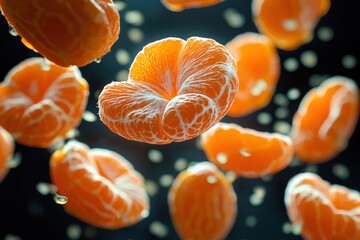Vibrant Floating Orange Slices – Fresh Citrus Segments in Mid-Air, Perfect for Healthy Snacking, Citrus Photography, and Food Art