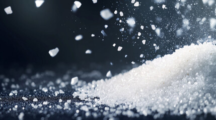 Realistic set of sugar, salt crystals or rice png scattered on dark surface. Vector illustration of piles of white granules isolated on transparent background. Cooking ingredients for flavor enhancing