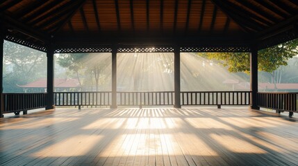 Fototapeta premium Wooden Gazebo Sunbeams Illuminate Park Setting