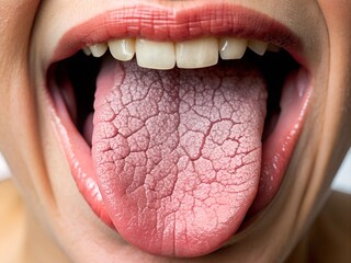 A person showcases their open mouth with a prominently featured dry tongue. The cracked surface highlights the textures and contrasts beautifully with the lips, creating a captivating visual focus