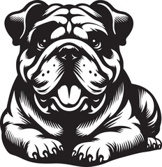 This stylized black and white vector illustration showcases a majestic bulldog, embodying strength, loyality, and resilience. perfect for designs related to pet adoption and urban lifestyle.