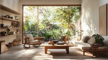 Fototapeta premium Bright and airy living space with lush greenery indoor plants modern decor natural light cozy atmosphere tranquil concept