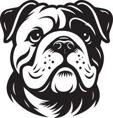 This stylized black and white vector illustration showcases a majestic bulldog, embodying strength, loyality, and resilience. perfect for designs related to pet adoption and urban lifestyle.
