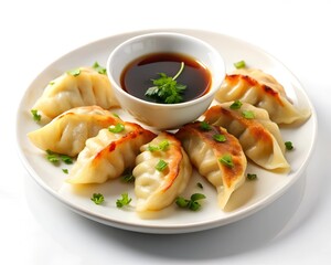 A delightful arrangement of steaming dumplings sits on a white plate, complemented by a small bowl of flavorful dipping sauce and garnished with vibrant green herbs