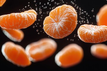 Vibrant Floating Orange Slices – Fresh Citrus Segments in Mid-Air, Perfect for Healthy Snacking, Citrus Photography, and Food Art