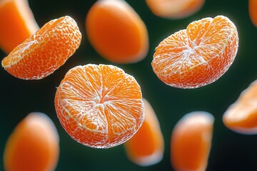 Vibrant Floating Orange Slices – Fresh Citrus Segments in Mid-Air, Perfect for Healthy Snacking, Citrus Photography, and Food Art