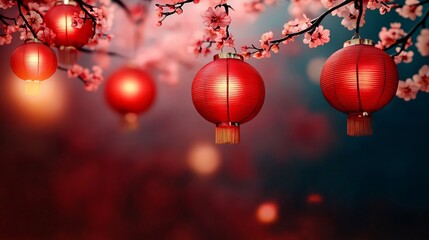 Fototapeta premium Enchanting red Chinese lanterns adorned with cherry blossoms create a magical atmosphere perfect for Chinese New Year, spring festivals, or celebratory designs.