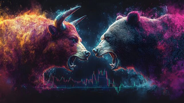 Bull and bear fight in stock market financial graphic art dynamic trading environment