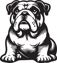 This stylized black and white vector illustration showcases a majestic bulldog, embodying strength, loyality, and resilience. perfect for designs related to pet adoption and urban lifestyle.