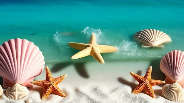 Video footage of serene beach scene with starfish and seashells on white sand, turquoise water gently lapping the shore, creating a peaceful and picturesque coastal atmosphere