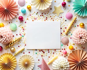 Fototapeta premium Vibrant paper decorations in soft pinks, greens, and golds create an enchanting layout with a blank card at the center, inviting heartfelt messages for a special celebration
