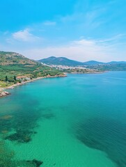 Aerial drone photo of beautiful emerald seascape of Porto Rafti, Mesogeia, Attica, Greece