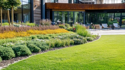 Senior care facility exterior with well-maintained garden and welcoming entrance. Emphasizing comfort and dignity in elderly living environments.