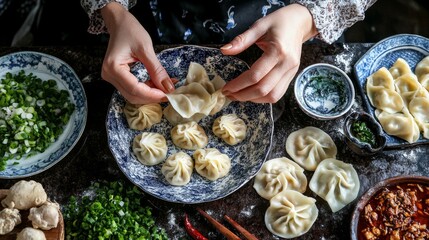 Woman Skillfully Folding Wontons with Fresh Ingredients and Care