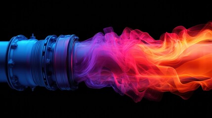 turbocharger installation. A vibrant display of flames and smoke emerging from a metallic nozzle, showcasing a captivating blend of colors against a dark background.