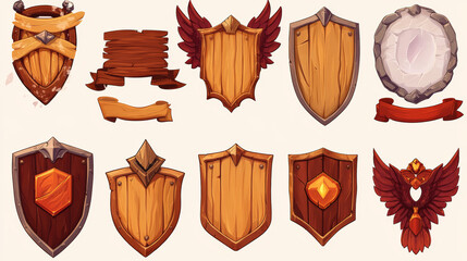 Game level ui icons, wooden shields or banners with wings and magic haze. Isolated award frames or bonus graphic elements, reward, trophy achievement and prize for rpg 2d design, Cartoon vector set