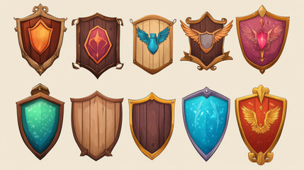 Game level ui icons, wooden shields or banners with wings and magic haze. Isolated award frames or bonus graphic elements, reward, trophy achievement and prize for rpg 2d design, Cartoon vector set
