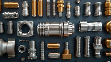 turbocharger installation. A collection of metallic mechanical components arranged neatly, showcasing various shapes, sizes, and finishes in silver and gold tones.