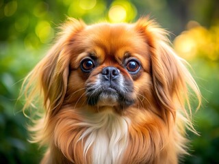 This fluffy dog with striking eyes sits amidst lush green foliage, radiating charm and curiosity. The golden sun enhances its beautiful fur, creating an enchanting atmosphere