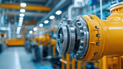 Obraz premium turbocharger installation. A close-up view of an industrial pipe fitting, highlighting its mechanical components in a modern factory setting.