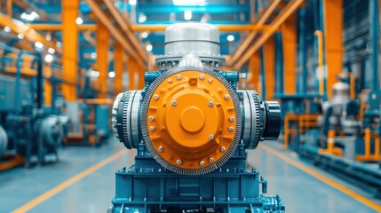 Fototapeta premium turbocharger installation. A close-up view of a blue industrial engine with an orange component, set in a modern factory showcasing machinery and organized layout.