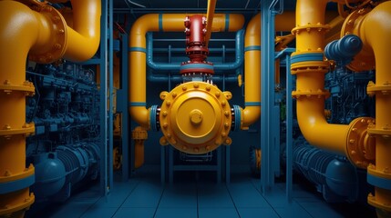 Fototapeta premium turbocharger installation. A vibrant industrial setting featuring large yellow pipes and a central spherical valve, highlighting a complex network of machinery.
