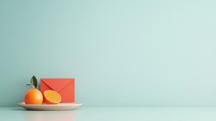 A plate with an orange and an orange slice on it, and an envelope on the table