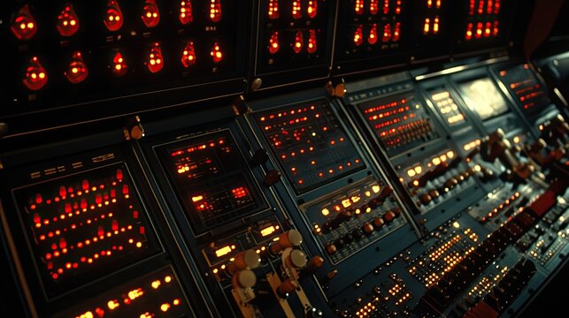 Illuminated Control Panel With Numerous Red Lights - Powered by Adobe