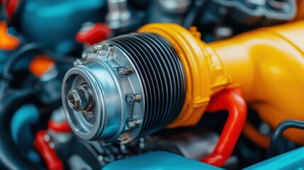 turbocharger installation. A close-up of a colorful automotive engine component, showcasing intricate details and vibrant colors that highlight its engineering design.
