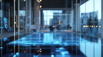 Futuristic office interior with holographic digital interface on a glass table.