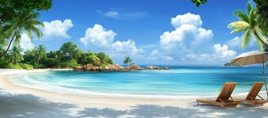 Naklejka premium Tranquil Tropical Beach Landscape with Crystal Blue Water, White Sand, Palm Trees, Lounge Chairs, and Scenic Island View