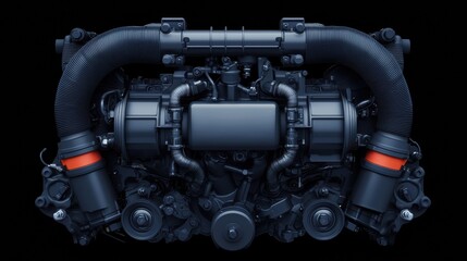 turbocharger installation. A high-performance engine featuring intricate components, designed for efficiency and power, set against a black background for emphasis.