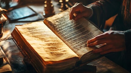 Hands turning aged book pages, illuminated.