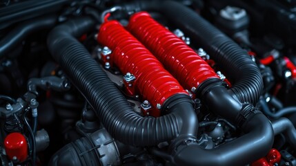 Fototapeta premium turbocharger installation. A close-up view of a high-performance engine with vibrant red components, showcasing intricate design and automotive engineering.