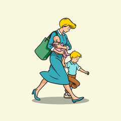 a mother walking with her children