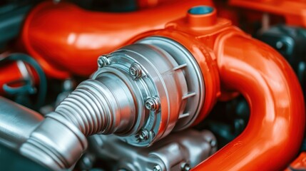 turbocharger installation. A close-up of a vibrant orange turbocharger, showcasing metal piping and components, emphasizing automotive performance and engineering design.